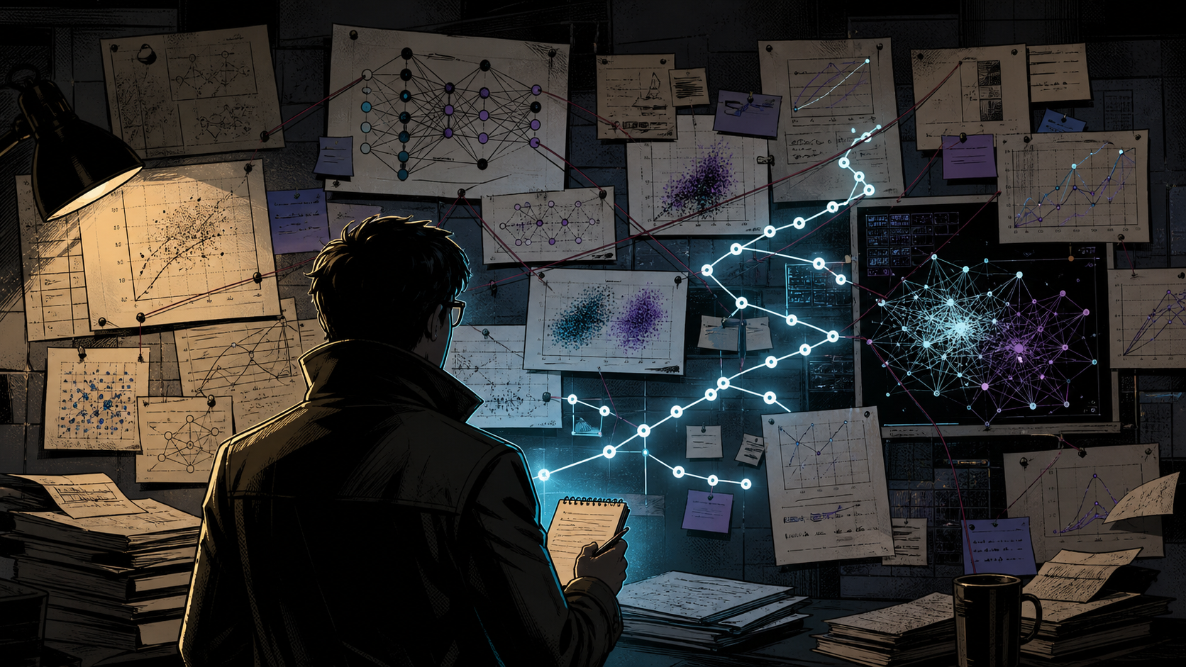 AI research workspace with paper excerpts, model diagrams, and analysis traces.