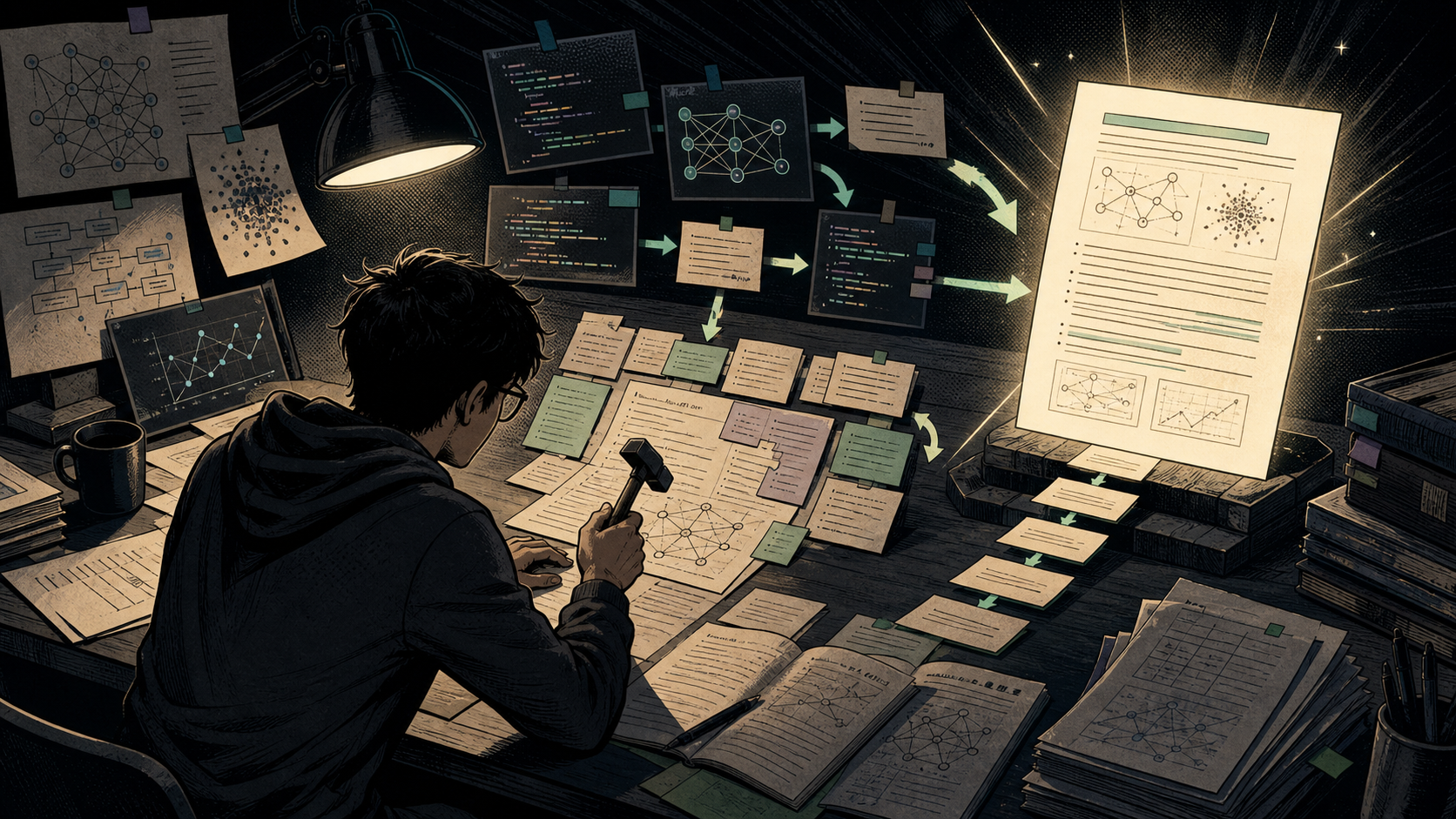 Technical writing desk with marked-up drafts, diagrams, and code references.